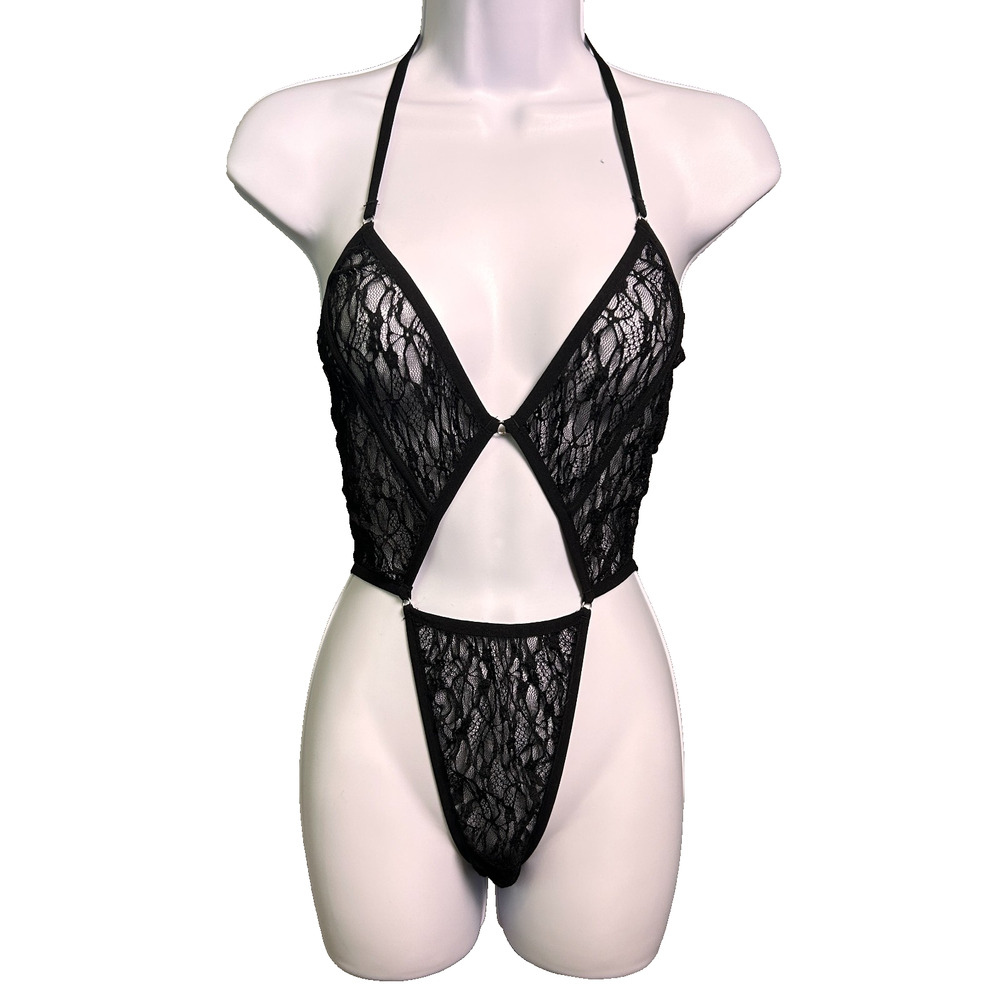 NWT Elle Reve Lace Bodysuit Womens Large Black Teddy Sexy Intimate High Leg